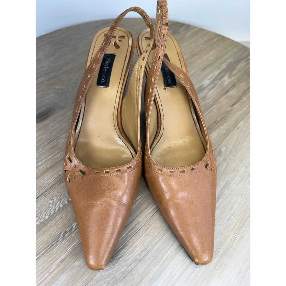 Style & Co 7.5 Slingback Kitten Heels Celeste Tan Leather Perforated Pointed Toe